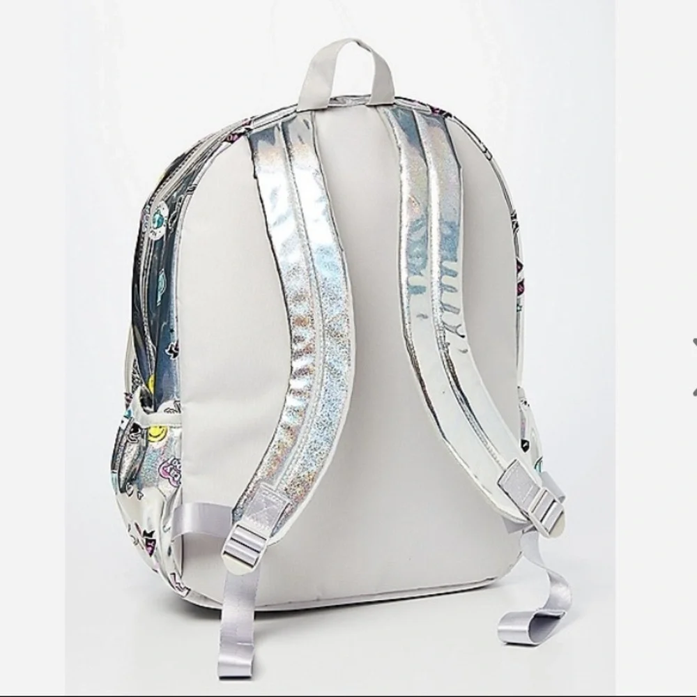 NWT justice holographic sticker pocket full size backpack silver